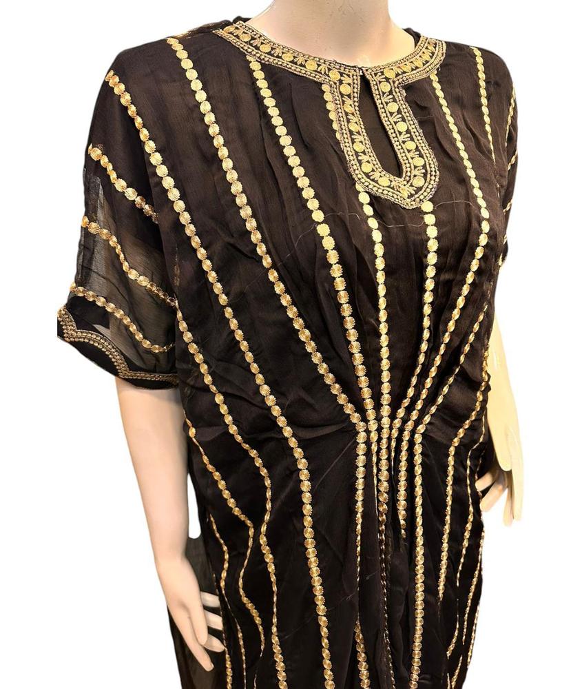 Elegant Black Chiffon Kaftan - 3-Piece Sequins Embroidered Dress