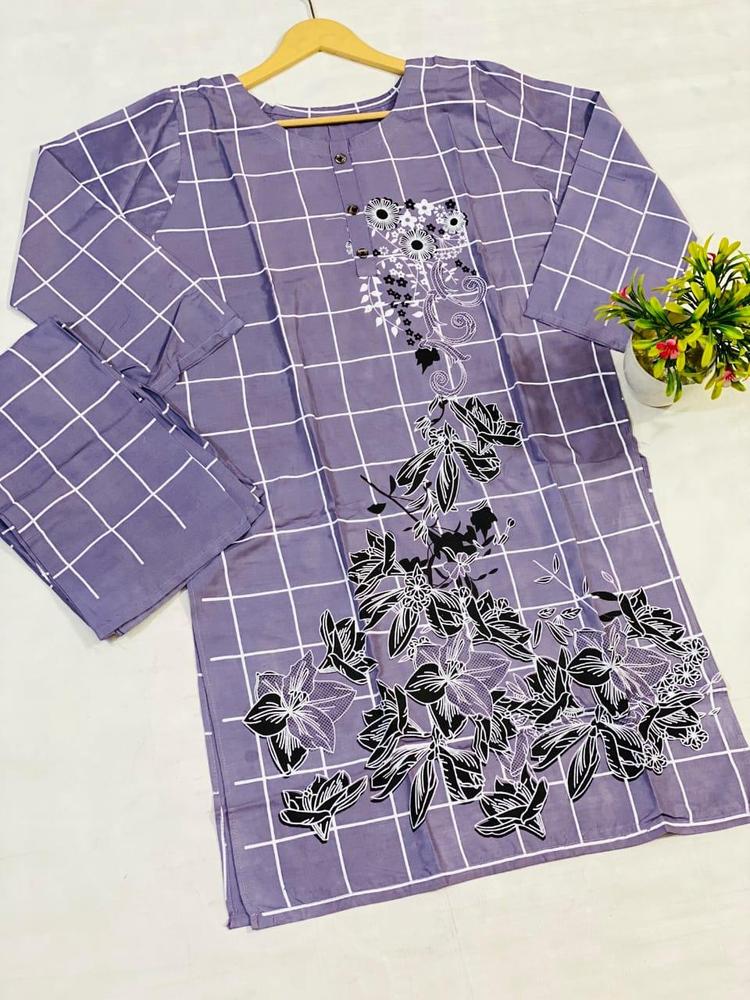 2 Pcs Women's Stitched Linen Printed Dress