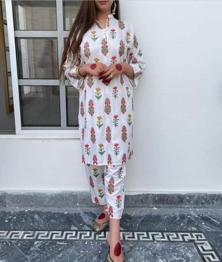 2 Pcs Women's Stitched Linen Block Printed Dress