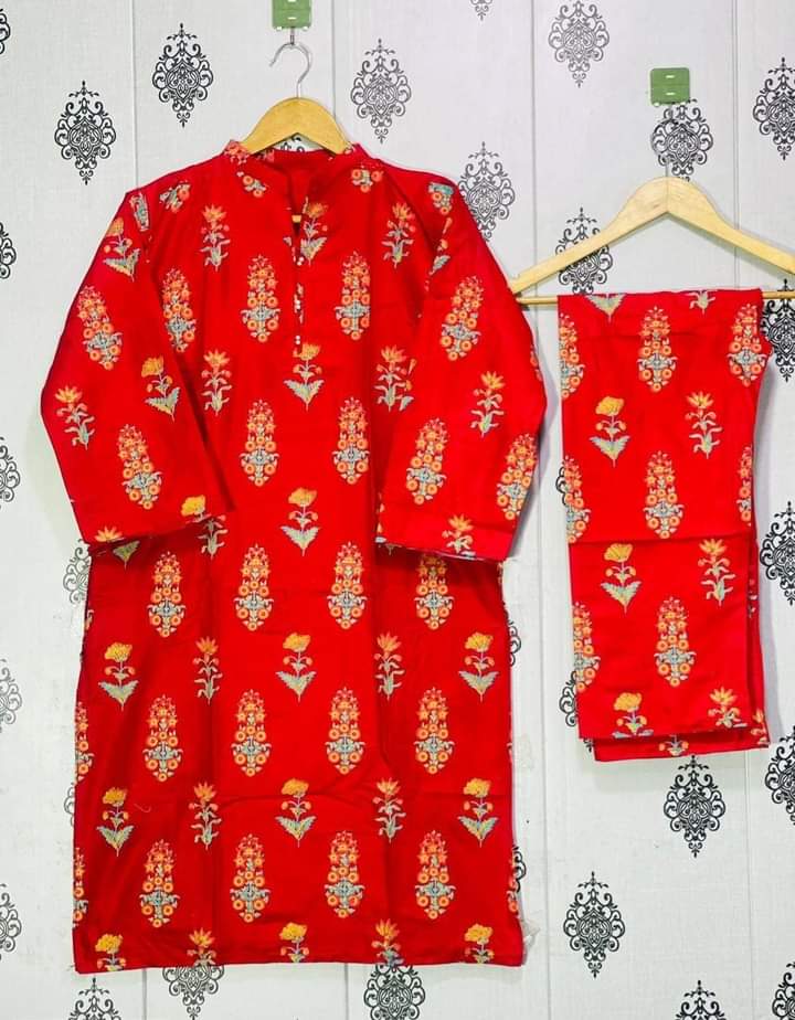 2 Pcs Women's Stitched Linen Block Printed Dress